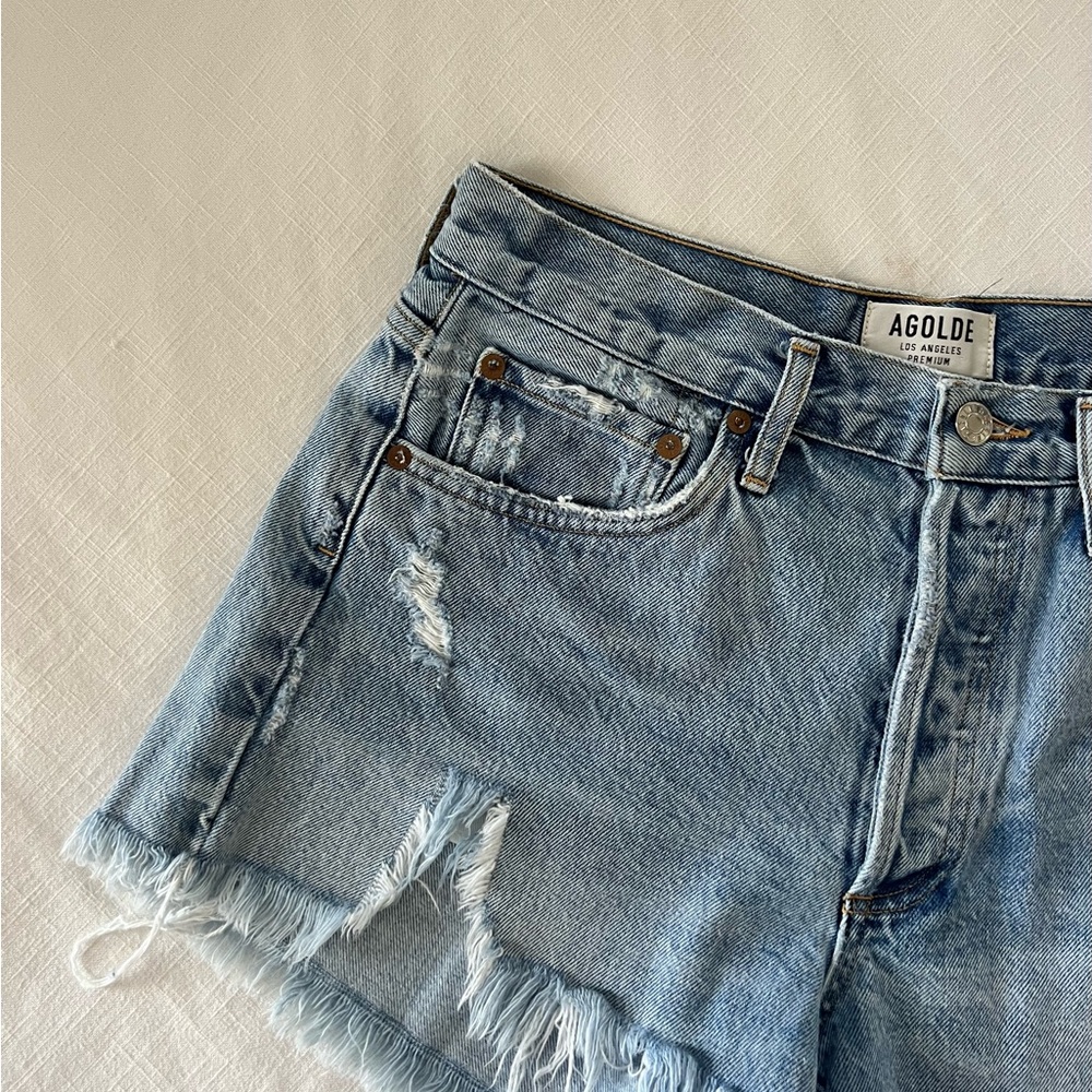 Agolde Blue Distressed Jean Shorts 28 - Picture 2 of 4